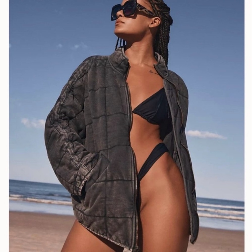 Free People Quilted Dolman Knit Jacket Bomber in Black
